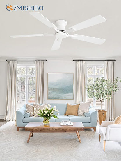 ZMISHIBO 52 Inch Ceiling Fan No Light, Flush Mount Low Profile, Modern White