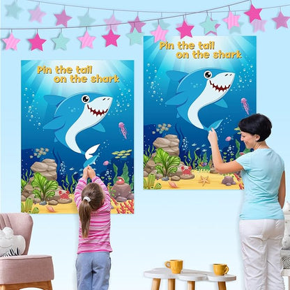 NEBURORA 2 Pack Pin The Tail on The Shark Party Game,2 Large 21"x 28" Posters with 48pcs Stickers for Multiplayer Shark Themed Birthday Party Supplies Decorations for Kids Boys Wall Home Decor