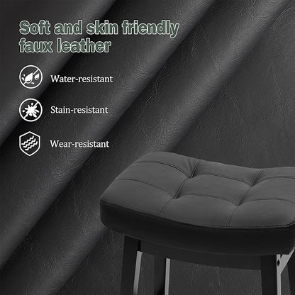 RNKSFX Counter Height Black Bar Stools Set of 6 for Kitchen Counter, Backless Farmhouse Kitchen Island Barstools with Upholstered Faux Leather Saddle Seat and Solid Wood Legs Modern 24 inch Bar Chairs