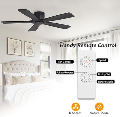 WINGBO 54" Flush Mount DC Ceiling Fans Without Lights, 5 Carved Solid Wood