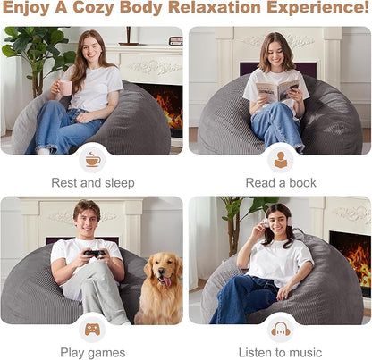 Homguava 4FT Bean Bag Chair for Adults,Teardrop Bean Bags Big Beanbag Chair with Memory Foam Filled and Ultra Soft Removable Corduroy Cover for Living Room, Bedroom (Grey)