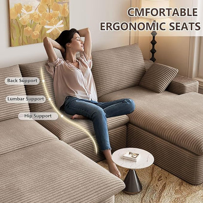 107" Cloud Modular Sectional Sofa with 1 Ottoman, Deep Seat Boneless Couch, Modern Upholstered Corduroy Couches, Comfort U Shaped Sofa for Living Room, No Assembly Required(Camel,Right Facing Chaise)