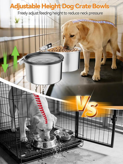 2 Pcs No Spill Dog Water Bowl for Crate, 2.5L Stainless Steel Hanging Kennel Bowls with Adjustable Height, Anti-Splash Water & Food Bowl Set for Cage Kennel Crate, Medium Large Dogs (Grey)