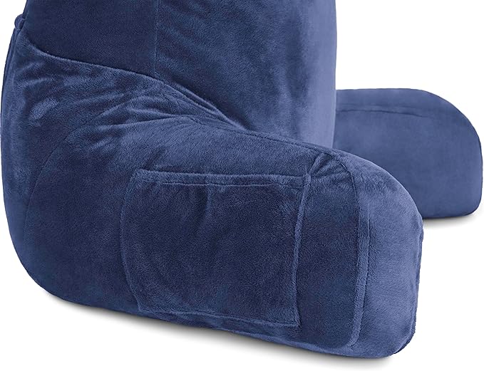Husband Pillow Dark Blue, Original Reading Pillow in Bed Rest Chair, Shredded Memory Foam Large Lounge Cushion Adult Backrest with Arms, Comfy Back Support for Sit Sitting Up, Wash/Removable Cover