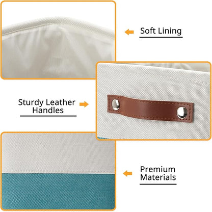 DULLEMELO Foldable Storage Cubes 11 x 11 Organizer Bins,Canvas Storage Bins Empty Gift Baskets for Organizing with SturdyLeather Handles, Closet Baskets for Nursery Storage(4 Pack - 11" White&Teal)