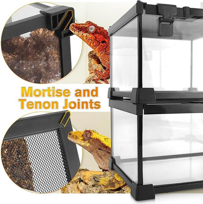 20"x12"x10" Reptile Terrarium, Escape-Proof Glass Terrestrial Vivarium for Small Desert Reptiles Such as Leopard Geckos, with Escape-Proof Lock & Feeding Hatch