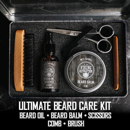 Viking Revolution Ultimate Beard Kit - Classic, 5 Pcs with Metal Box | Includes Beard Brush, Beard Comb, Beard Balm, Beard Oil, Beard & Moustache Scissors - Perfect Gift Set for All Beard Types