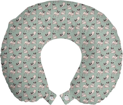 Ambesonne Pug Travel Pillow Neck Rest, Dogs Various States Sitting Standing Stretching Cartoon Style Pet Drawing, Memory Foam Traveling Accessory for Airplane and Car, 12", Turquoise