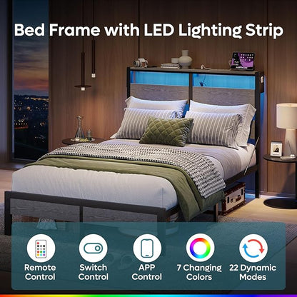 Bestier Queen Bed Frame with Storage Headboard and Charging Station, Grey Platform Bed Frame with LED Light, Non-Slip Metal Bed Frame, Noise-Free, Easy Assembly