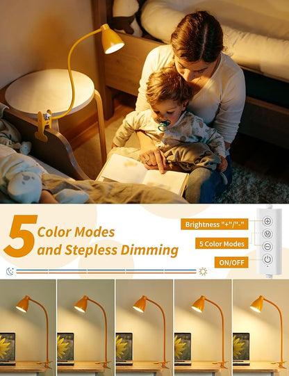 BOHON Clip on Light, 10W 38 LED Desk Lamp with Clamp, 5 Color 10 Brightness Auto Off Timer, Flexible Neck Clip Lamp, Desk Lights for Office Home Bed Bedside Reading, Bright Yellow