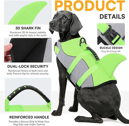 Dog Life Jacket Ripstop Shark Dog Safety Vest Adjustable Preserver with High Buoyancy and Durable Rescue Handle for Small,Medium,Large Dogs, Green Shark XX-Large
