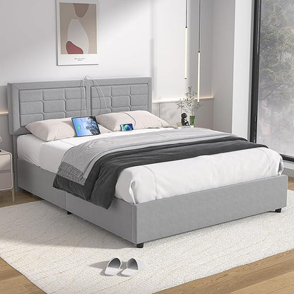 VECELO Queen Size Bed Frame with 4 Storage Drawers & Adjustable Headboard, Built-in Charging Station, Upholstered Bedframe with Wood Slats Support, Light Grey