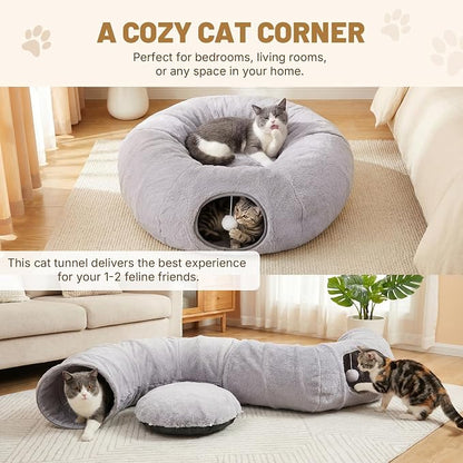 Cat Tunnel Bed for Indoor Cats, 31.5in Round Cat Tunnel for Small Cats | Cat Donut Tunnel with Washable Plush Mat, Collapsible Tunnel Hideplace for Kittens, Squirrels Grey