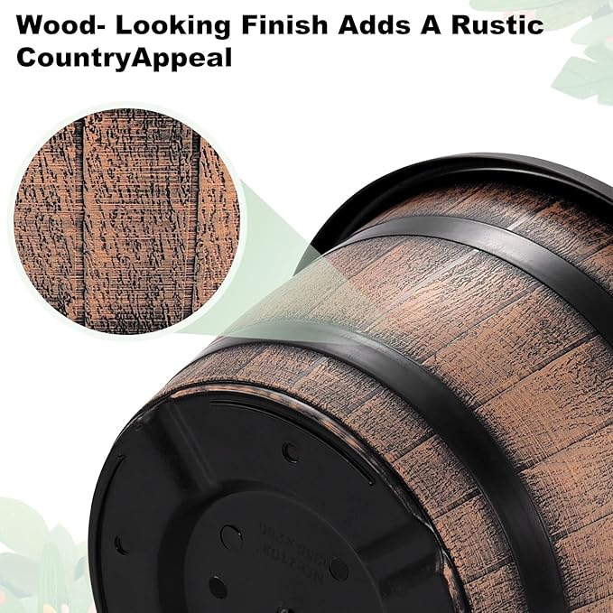 Quarut Large Plastic 4 Pack14 inch Plant Pots,Whiskey Barrel Planters with Drainage Holes & Saucer.Flower Pots Imitation Wine Barrel Design for Indoor & Outdoor Garden Balcony Plants.5 Gallons(Brown)