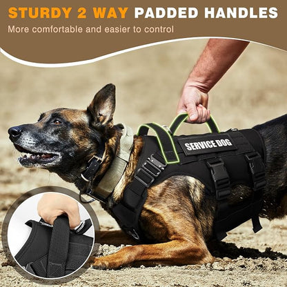 Tactical Dog Harness with Dog Leash, Service Working MOLLE Vest with 10 Pet Patches for Medium Dog, No Pull Military Harness and Backpack for Training Hunting Walking