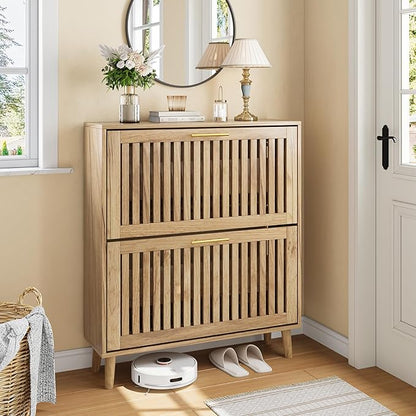 Shoe Storage Cabinet with 2 Flip Slatted Drawers, Narrow Freestanding Shoe