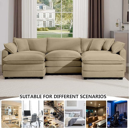 Aoowow Corduroy 3 Seater Couch with Ottomans,Modern Large Cloud Couches for Living Room,U Shaped Modular Sectional Cloud Sofas Deep Seat,U Shape Oversized Tufted Sofa Set (Tan, 3 Seater + 2 Ottoman)