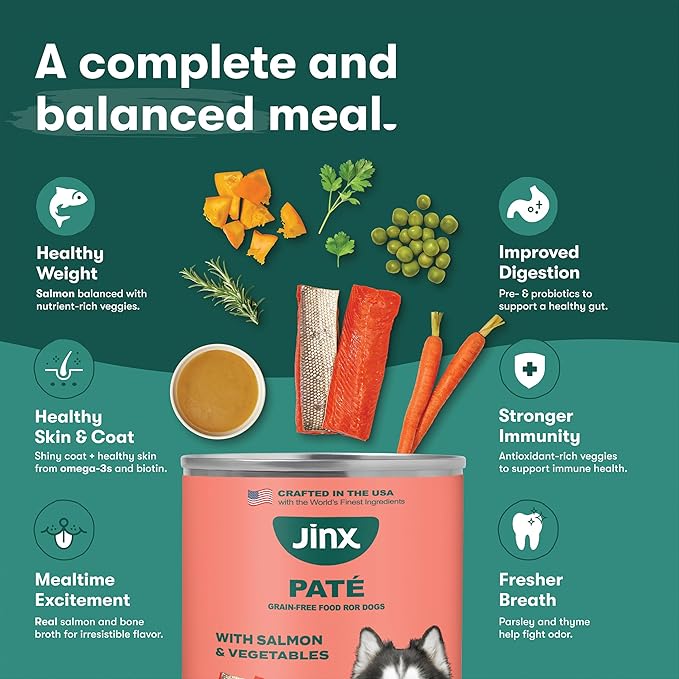 Jinx Premium Wet Dog Food Cans - Salmon Pate - Grain-Free Canned Dog Food Pate & Topper with Real Ingredients & No Fillers - All Life Stages, Breeds & Sizes - 12-Pack, 13 Oz