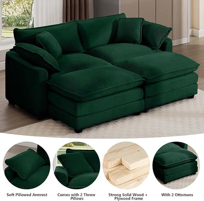 Aoowow Oversized Loveseat Couch with Ottomans,Modern Corduroy 2 Seater Cloud Couches for Living Room,Modular Sectional Cloud Sofas Deep Seat,Double Lounger Sleeper Sofa