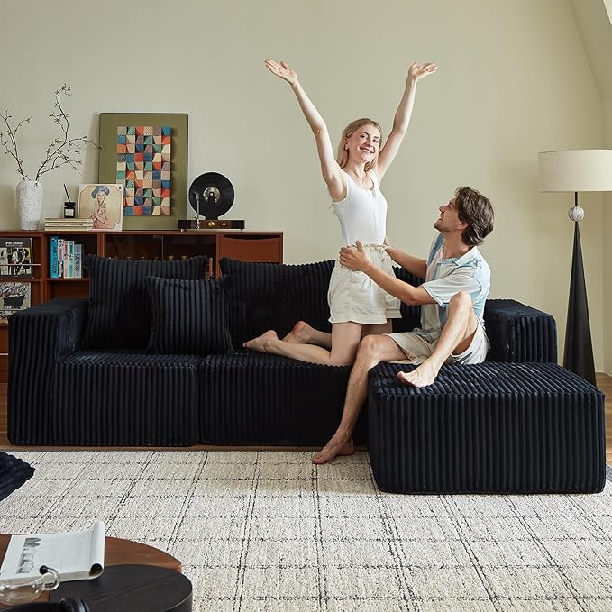102" Black Couch for Living Room,Boneless Couch No Assembly Required,Comfy Couches with Oversized Chaise,Compressed Sofa for Any Room,Modern Sofa-Corduroy
