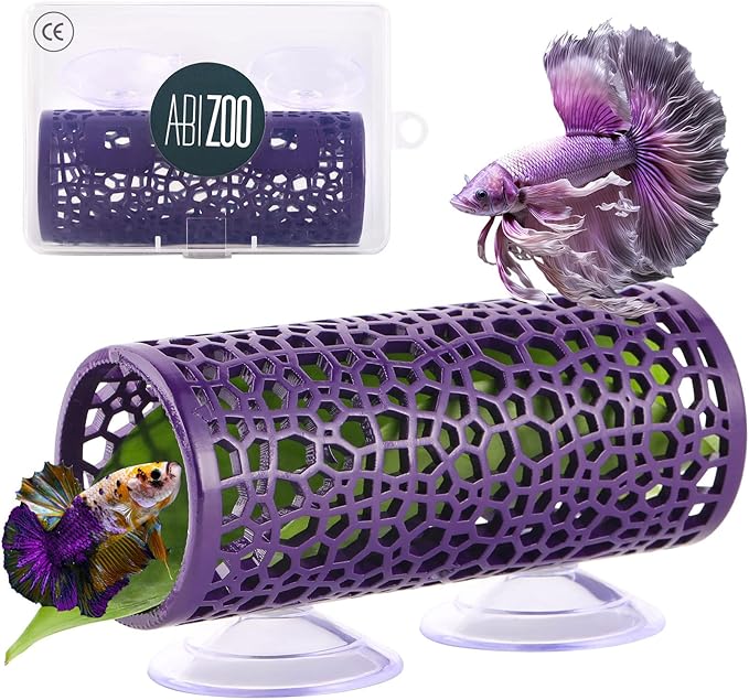 Abizoo Betta Cave - Purple Fish Tunnel with Holes for Small Fish & Shrimp Habitat, Betta Toys Shelter Hideaway, Moss Aquarium Ornament