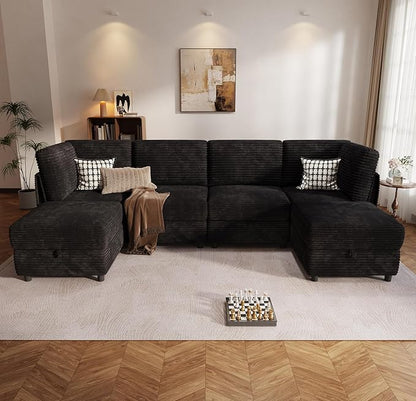 KKL Modular Sectional Sofa U-Shaped 6 Seater Couch with Storage Ottoman, Convertible L-Shaped Plush Wide-Wale Corduroy Couch for Living Room, Apartment, Modern Design, Black
