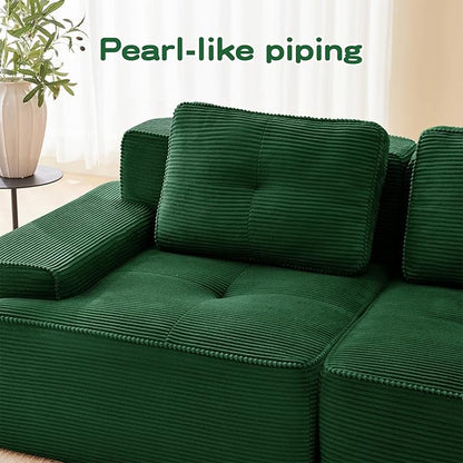 150" Modern Corduroy Cloud Sofa with Ottoman, U Shaped Boneless Modular Large Sectional Couches for Living Room, Green 4 Seater Compressed Memory Foam Couch, Extra Deep Seat, No Assembly