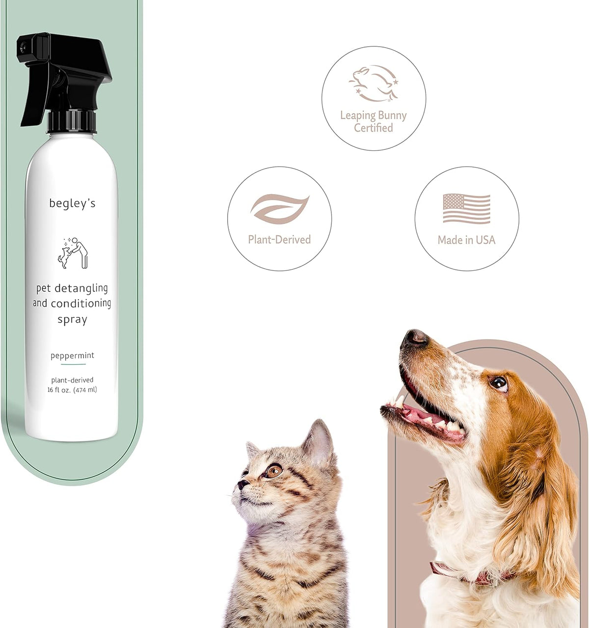 Begley's Pet Detangling Spray - Premium Essential Oil Scented Detangler Spray for Dogs, Puppies & Cats - Dog Leave in Conditioner Spray - Dematting Spray for Dogs & Pets - 16 oz, Peppermint