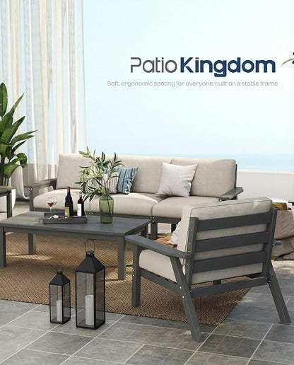 Patio Kingdom Patio Furniture Set with Washable Thick Beige Cushions, HDPE Outdoor Couch, All-Weather Outdoor Sectional Furniture, Patio Conversation Sets for Lawn, Garden, Porch (Grey Frame)