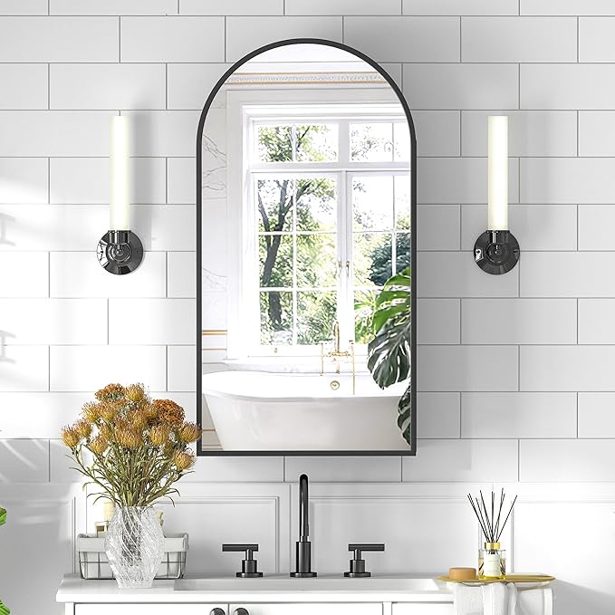 Arched Medicine Cabinet with Mirror, Brushed Black Wall Mounted Bathroom Mirror