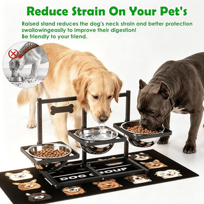 SHAINFUN Elevated Dog Bowls Stand for Large/Extra Large Dogs with Mat, 6 Height Adjustable Raised Dog Bowl, Three 101oz Food Water Bowls