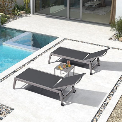 PURPLE LEAF Outdoor Chaise Lounge Set for 2 Oversized Pool Lounge Chairs with Easy-to-Move Wheels and Adjustable Backrest Extra Large Patio Loungers for Poolside Deck Beach Yard Table Included, Grey