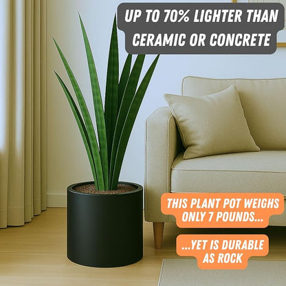 Fox & Fern Large Indoor Planter, Modern Large Plant Pot for Indoor or Outdoor, UV and Frost Resistant - 12 Inch, Matte Black Flower Pot with Drainage Plug, Lightweight