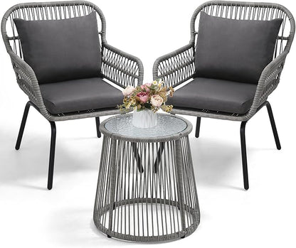 wildformers 3 Pieces Rattan Wicker Bistro Set, Outdoor Conversation Set, Wicker Rattan Furniture Set with Glass Top Table, Space Saving for Balcony, Backyard, Grey