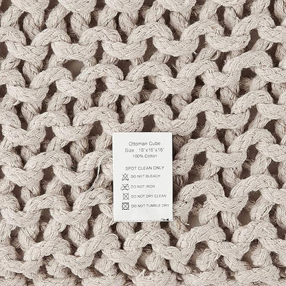 REDEARTH Square Pouf Ottoman Foot Stool - Hand Knitted Bean Bag - Cord Boho Pouffe - Accent Poof for Living Room - Nursery - Bedroom - Kids Bedroom - Patio - 100% Cotton (16" x 16" x 16") - Ivory