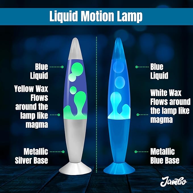 JAMBO 2 Pack- 16" Beautiful Lamp- Silver with Yellow/Green Wax and Blue with Blue/White Wax, Relaxing Liquid Lamp, Night Light Nightlight, Lamps for Adults Teens Kid