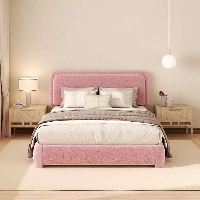 Queen Boucle Platform Bed Frame with Height Adjustable Headboard, Modern Upholstered Cloud Bed, Sleek Curved Design, No Box Spring Needed, Easy Assembly, Noise Free, Pink