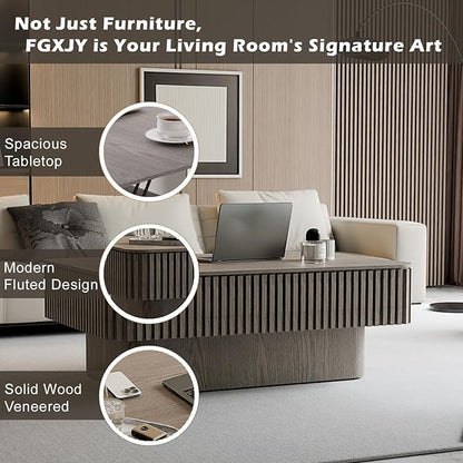 FGXJY Lift Coffee Table with Storage & Adjustable Height, Rectangle Solid Wood Coffee Table Fluted Center Table Accent Tea Table or Living Room, Apartment, Office (38.6" Grey)