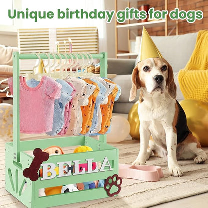 Teenyyou 20" x 13" x 9" Wooden Dog Closet Pet Wardrobe Crate Box with Hanging Rods and Personalized Alphabet Letters Easy Assembly Baskets for Dog Cat Toys Clothes Accessories(Green)