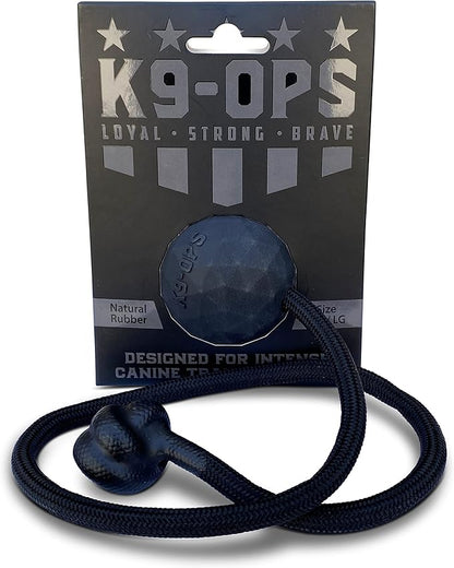 K9 Ops Dog Ball on a Rope Moki Tug Toy - Solid Rubber Fetch Training Reward - Large Dogs Tugs Durable Aggressive Chewers (Coal Black, MD/LG)