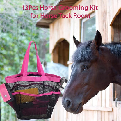 Horse Grooming Kit 13 Piece, Horse Brushes for Grooming Supplies with Tote Bag, Horses Tack Brush Set for Effective Grooming and Cleaning, Gift for Horse Riders Beginners (Pink)