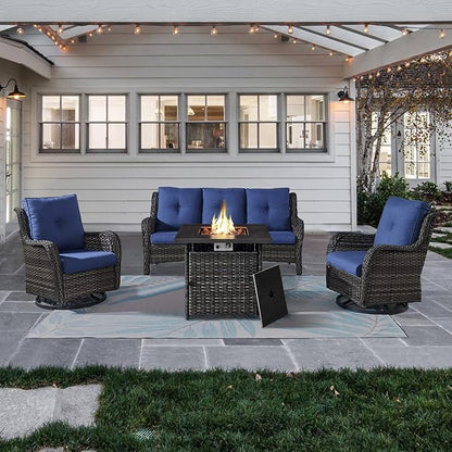 Belord Outdoor Patio Furniture Set with 50000BTU Propane Fire Pit Table, 4 Pieces Wicker Patio Conversation Set with 2 Swivel Rocker Glider Chairs Rattan Sofa Blue Cushion Perfect for Gathering
