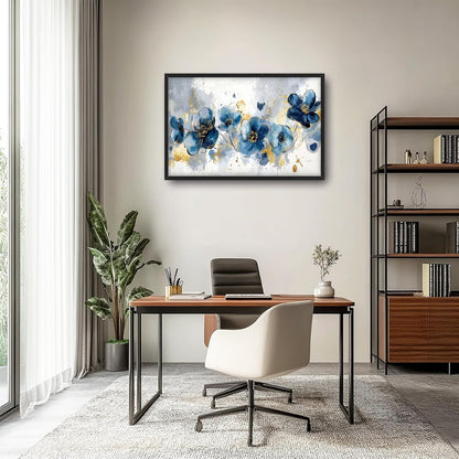 Extra Large Framed Abstract Blue Flower Wall Art,Oversized Golden Grey Floral Wall Decor Pictures for Living Room,Canvas Print Painting Modern Artwork Bedroom Office Bathroom Home Decor 36L" x 24W"