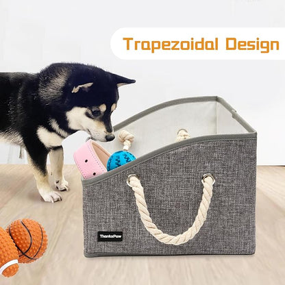 Collapsible Fabric Dog Toy Box and Storage Bin With Handle - Trapezoid Basket Chest Organizer for Pet Toys, Blankets and Accessories