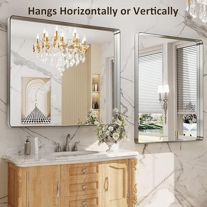 LOAAO 40X36 Inch Brushed Nickel Bathroom Mirror, Rounded Rectangle Silver Metal