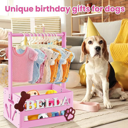 Teenyyou 20 x 13 x 9 Wooden Dog Closet Pet Wardrobe Crate Box with Hanging Rods and Personalized Alphabet Letters Easy Assembly Baskets for Dog Cat Toys Clothes Accessories(Pink)