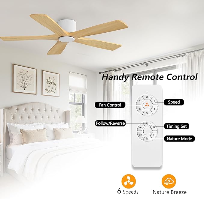 WINGBO 48" Flush Mount DC Ceiling Fans Without Lights, 5 Carved Solid Wood