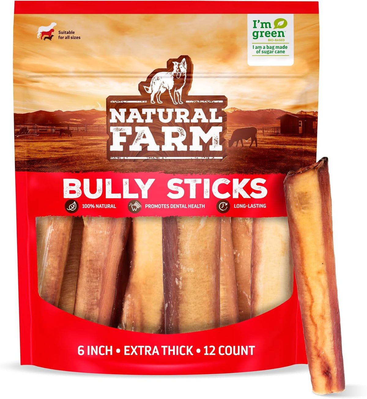 Natural Farm Odor Free Jumbo Bully Sticks (6 Inch, 12 Pack), Extra-Thick Dog Treats – Fully Digestible 100% Beef Treats, Natural Dental Chews – Keep Your Dog Busy with 50% Longer Lasting Chews