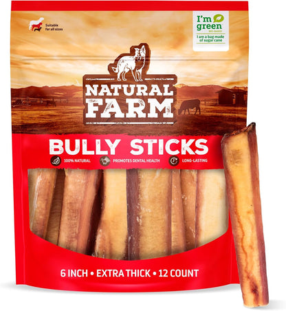 Natural Farm Odor Free Jumbo Bully Sticks (6 Inch, 12 Pack), Extra-Thick Dog Treats – Fully Digestible 100% Beef Treats, Natural Dental Chews – Keep Your Dog Busy with 50% Longer Lasting Chews