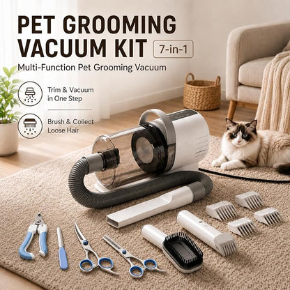 Pet Grooming Kit with Vacuum, 12000Pa Suction, Hair Clipper, 7 Tools | 12000Pa Strong Suction | 7-in-1 Grooming Tools | Hair Clipper & Deshedding Brush | Low Noise 50dB | 1.5L Large Capacity